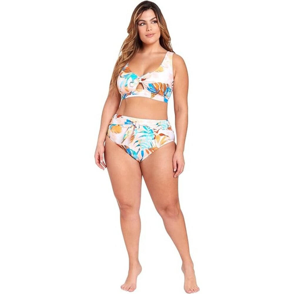Floral Two Piece Swimsuit Size 3X Tie Front Bikini Top High Waisted Bottoms 26W